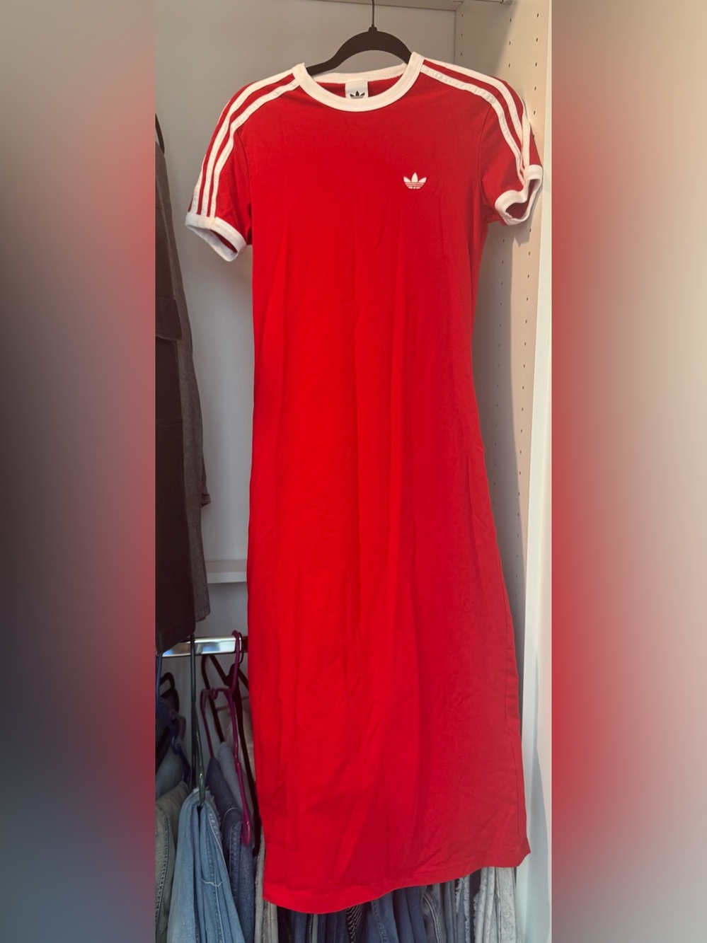 adidas Red Maxi T-Shirt Dress with White Trim